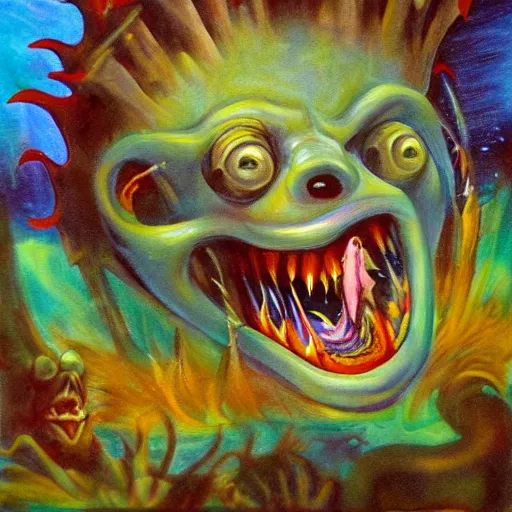 Prompt: painting of an underwater goblin with huge teeth chasing a mermaid in the style of expressionism