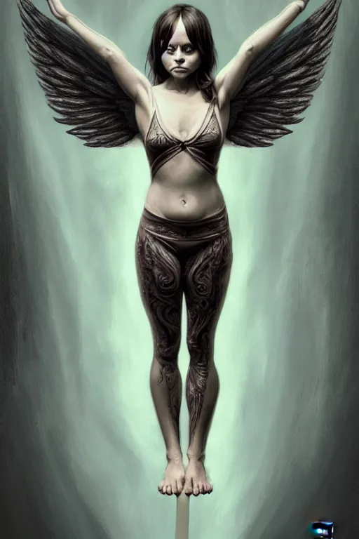 Prompt: Full body potrait of Christina Ricci as an angel doing yoga , angel is split in two with smoke, fantasy, intricate, elegant, highly detailed, digital painting, artstation, concept art, smooth, sharp focus, illustration, art by Ilja Repin