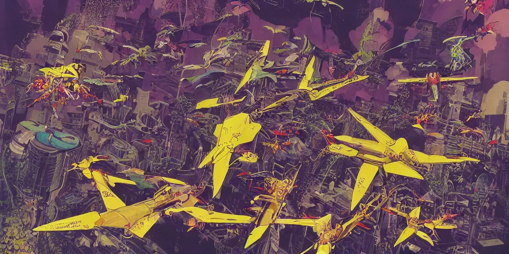 Image similar to risograph, gigantic mecha arzach birds with dragonflies, tiny rats, a lot of exotic animals around, big human faces everywhere, helicopters and tremendous birds, by satoshi kon and moebius, matte yellow colors, surreal design, crispy, super - detailed, a lot of tiny details, no blur, 4 k, fullshot