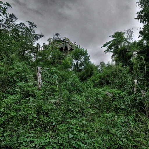 Image similar to a long abandoned city overgrown with vegetation