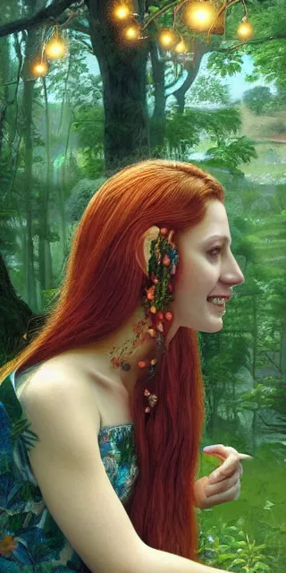 Image similar to infp young woman, smiling amazed, golden fireflies lights, full covering intricate detailed dress, amidst nature, long red hair, precise linework, accurate green eyes, small nose with freckles, oval shape face, realistic, expressive emotions, dramatic lights, hyper realistic ultrafine art by artemisia gentileschi, caravaggio, jessica rossier, boris vallejo