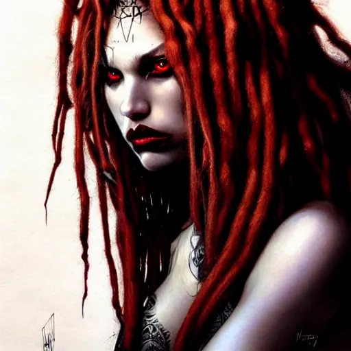 Image similar to portrait of flawless beautiful psychopathic female with blonde and red dreadlocks, dark, piercing eyes, exotic expression, esoteric clothing, photorealistic, highly detailed, mysterious lighting, artstation, smooth, sharp focus, art by artgerm, greg rutkowski and luis royo