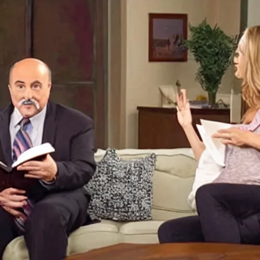 Prompt: film still of dr phil being read a bedtime story by melissa joan heart in breaking bad