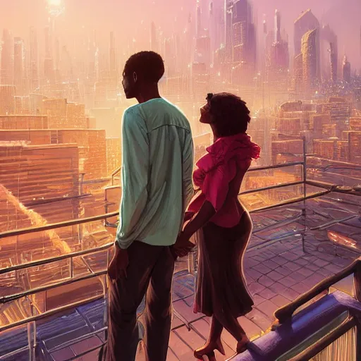 Image similar to highly detailed portrait of a black couple on the rooftop, synthwave city, stephen bliss, unreal engine, fantasy art by greg rutkowski, loish, rhads, ferdinand knab, makoto shinkai and lois van baarle, ilya kuvshinov, rossdraws, tom bagshaw, global illumination, radiant light, detailed and intricate environment