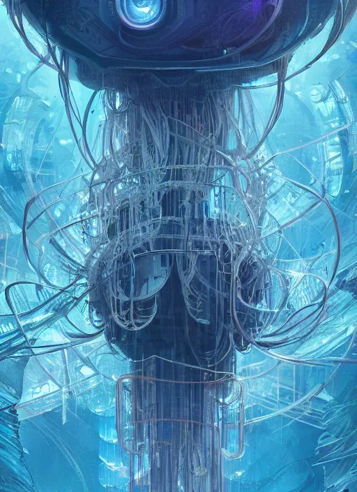 Image similar to Panorama hyper detailed painting of a cyberpunk jellyfish, blue tones, underwater, 8 mm, highly detailed, digital painting, artstation, concept art, smooth, sharp focus, illustration, art by artgerm and greg rutkowski and alphonse mucha