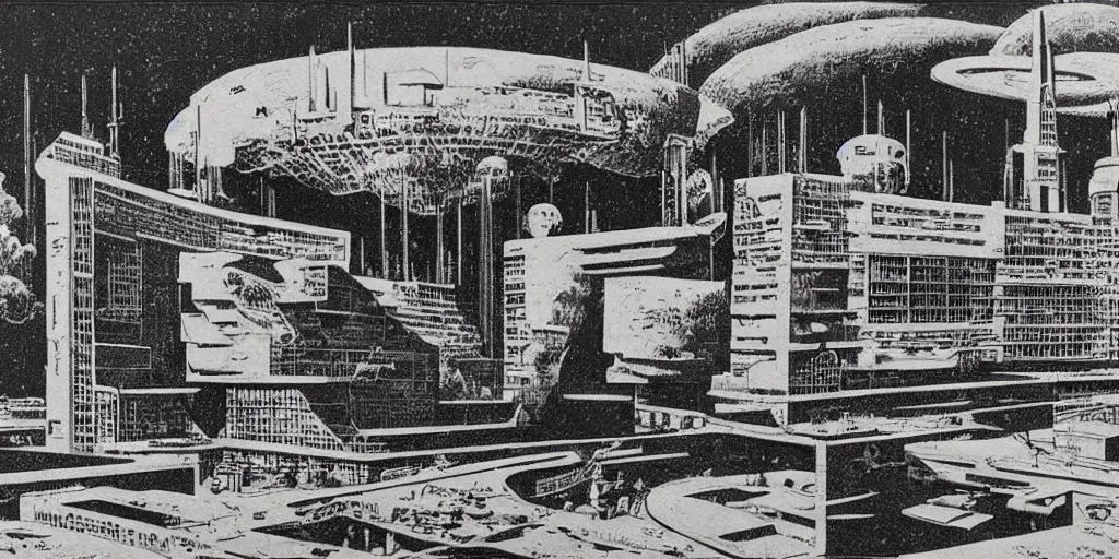 Image similar to huge brutalistic soviet space station by le corbusier, by joe penton, virgil finlay