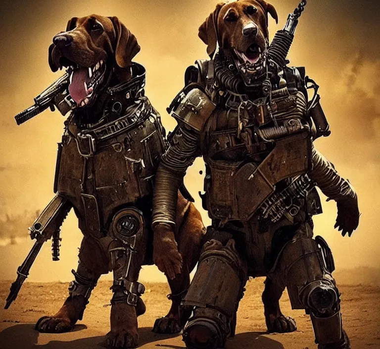 Image similar to a good ol'bloodhound dog fursona ( from the furry fandom ), heavily armed and armored facing down armageddon in a dark and gritty version from the makers of mad max : fury road. witness me.