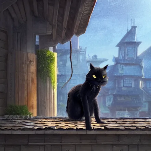 Prompt: a wholesome animation key shot of a very detailed black cat!!! seated on top of a roof with tiles, medium shot, studio ghibli, pixar and disney animation, sharp, intricate details, rendered in unreal engine 5, anime key art by greg rutkowski, bloom, dramatic lighting, golden hour, warm colors