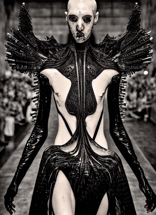 Prompt: walking down the catwalk, steven klein, show, stage, vogue photo, podium, fashion show photo, historical baroque dress dark, iris van herpen, beautiful woman, full body shot, masterpiece, intricate, biopunk, guyver, highly detailed