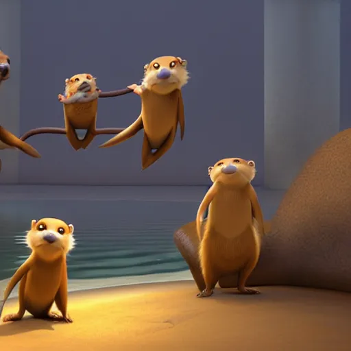 Image similar to character set, concept art, otters playing, 3 d render, pixar, dreamworks,