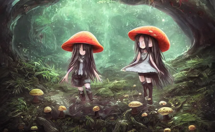 Image similar to cute little girl with an long black hair wearing an mushroom hat in the dark forest next to a sinister monster, cute artwork, clean detailed art, inspired by made in abyss, detailed background, fantastic world