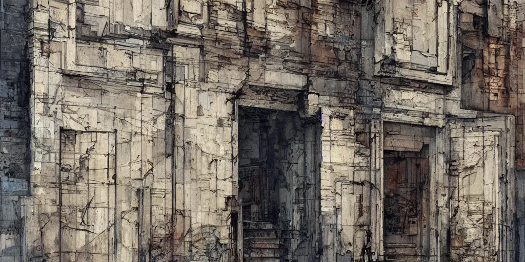 Prompt: street - level street block facade. texture. textural. doors. street. art by greg rutkowski and william o'connor