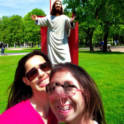 Prompt: taking a selfie with jesus christ in the park