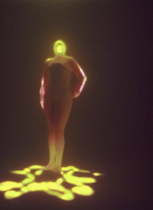 Prompt: a symmetrical female astral projection, liquid glowing aura, out of body experience, film grain, cinematic lighting, experimental film, shot on 1 6 mm