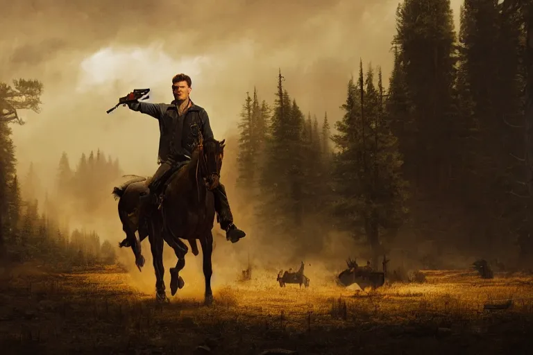 Prompt: an ultradetailed image of dean winchester as an old west gunfighter shooting at a charging wendigo, ultrawide lens, aerial photography, masterpiece, 8 k, art by greg rutkowski and albert bierstadt