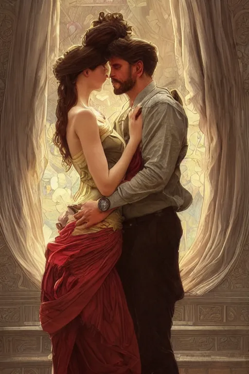 Image similar to portrait of a man in dhl van hugging his wife, feelings, romantic, fantasy, intricate, elegant, highly detailed, digital painting, artstation, concept art, smooth, sharp focus, illustration, art by artgerm and greg rutkowski and alphonse mucha