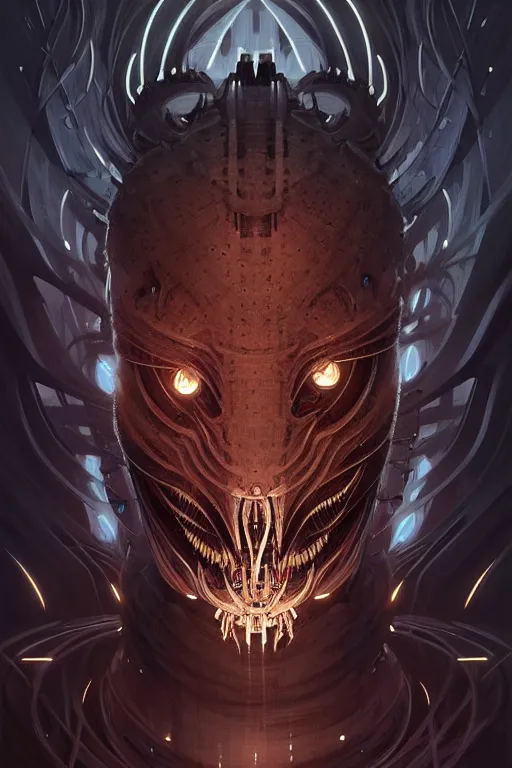 Image similar to professional concept art semi - symmetric portrait of a terrifying! mechanical predatory! fractal! species in a dark room by artgerm and greg rutkowski. an intricate, elegant, highly detailed digital painting, concept art, smooth, sharp focus, illustration, in the style of cam sykes.