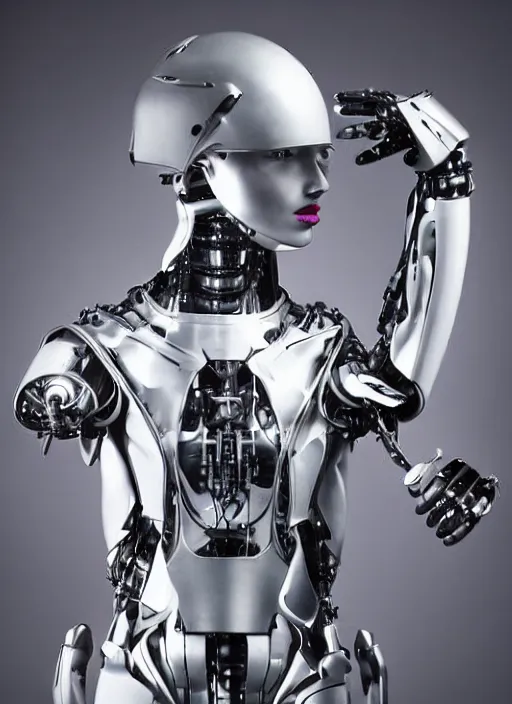 Prompt: Close upper body shot. Artistically angled subject. Professional studio portrait lighting. Technological male fashion photography. Mechanical cybernetic suit designed by Ikeuchi Hiroto. Wearable design. Hydraulics. Reflective domes. Intricate tech. Formfitting. Bulky wearables. Receiver Antennae.