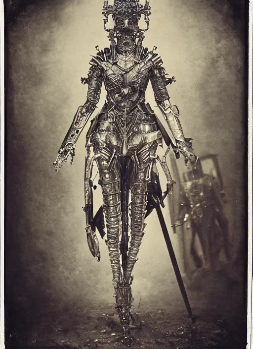 Image similar to old wetplate daguerreotype frame portrait of a futuristic silver armored pretty queen elisabeth emperor district 9 cyborg, fractal, intricate, elegant, highly detailed, subsurface scattering, by jheronimus bosch and greg rutkowski and louis jacques mande daguerre