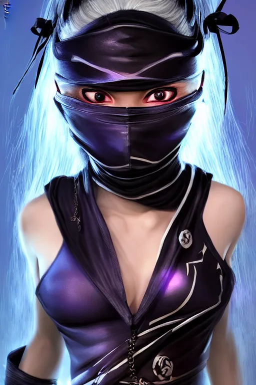 Image similar to beautiful Mask Of Ninja, mystery and gorgerous and black magic and stunning young female ninja, reference Ninja Gaiden from action video games by Tecmo portrait+smoky eyes+light flowing hair, ssci-fi, fantasy, in mudra and firefly night ruin tokyo temple, ultradetail face, art and illustration by tian zi and craig mullins and WLOP and alphonse mucha, dynamic light, human anatomy, intricate complexity, fantasy world concept, watermark, blurry, hyperrealism 8k