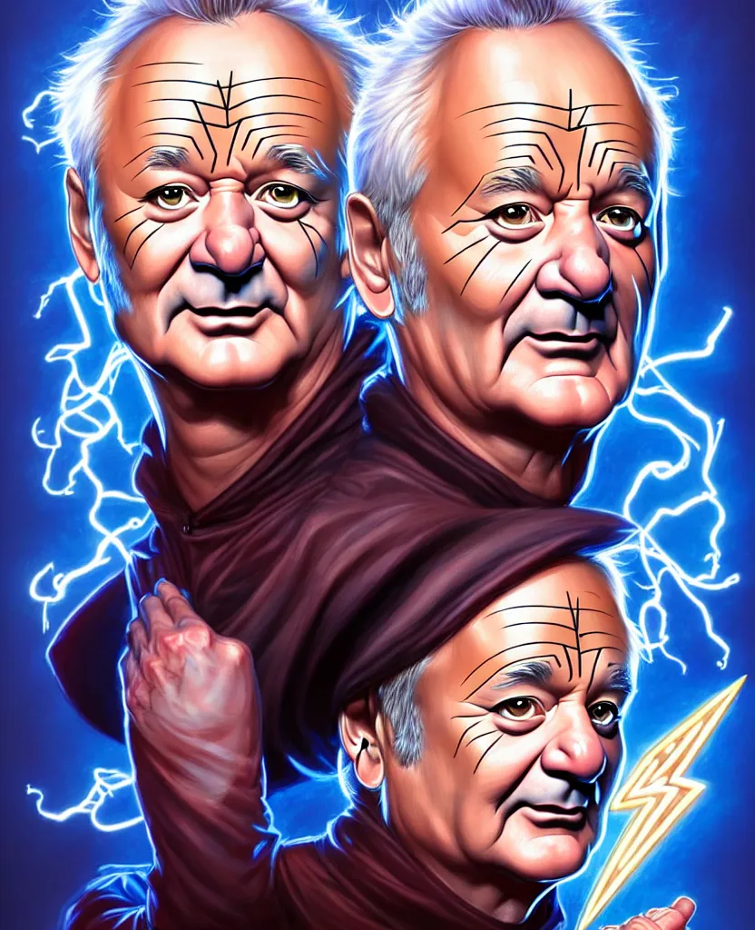 Image similar to portrait of Bill Murray, face, dressed as a wizard, magic runes, lightning, intricate, by Artgerm and James Jean and Ross Tran, hyper detailed, character design, concept art, trending on artstation,
