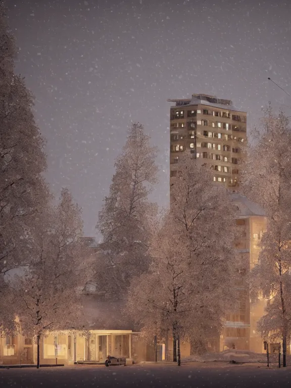 Image similar to film still of tiny soviet residential building, residential suburb area, lights are on in the windows, deep dark night, cozy atmosphere, cold winter, snowing, streetlamps with orange light, volumetric light, several birches nearby, elderly people stand at the entrance to the building, mega detailed, unreal render