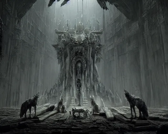 Image similar to king of the wolves - fantasy, inside the king's hall wolves and their treasures, ethereal, ominous, misty, 8 k, by h. r. giger and greg rutkowski, the last guardian by fumito ueda - elden ring