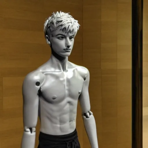 Image similar to “a realistic detailed photo of a guy who is an attractive humanoid who is half robot and half humanoid, who is a male android, twitch streamer Ninja Tyler Blevins, shiny skin, posing like a statue, blank stare, at the museum”