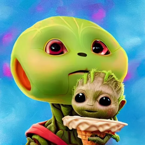 Image similar to artstation baby Groot and baby Yoda eating an ice cream together. The ice cream looks like Pikachu, very detailed, portrait, ultra realistic