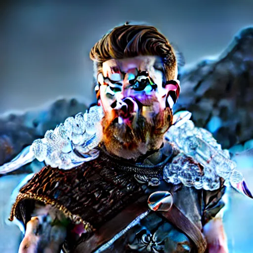 Prompt: photography of a hyper realistic crystal clear ice statue of tom holland as a viking warrior god. stuning, intricate, complexe. snowy mountains dream landscape. professional digital art, unreal engine 5