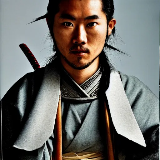 Image similar to fashion magazine head and shoulders portrait photo of a samurai