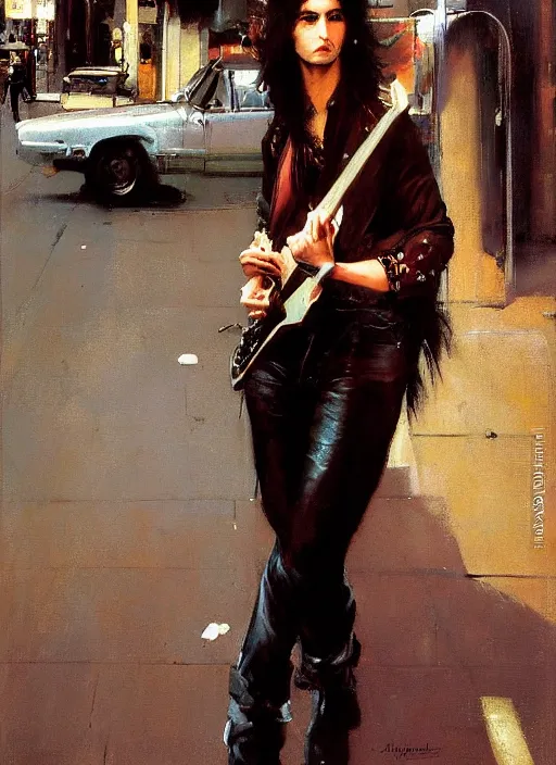 Image similar to androgynous glam rocker outside cbgb in the style of phil hale, sfumato Orientalist portrait by john william waterhouse and James Gurney and Theodore Ralli and Nasreddine Dinet, Syd Mead, Phil Hale, oil on canvas. Cinematic, hyper realism, realistic proportions, dramatic lighting, high detail 4k