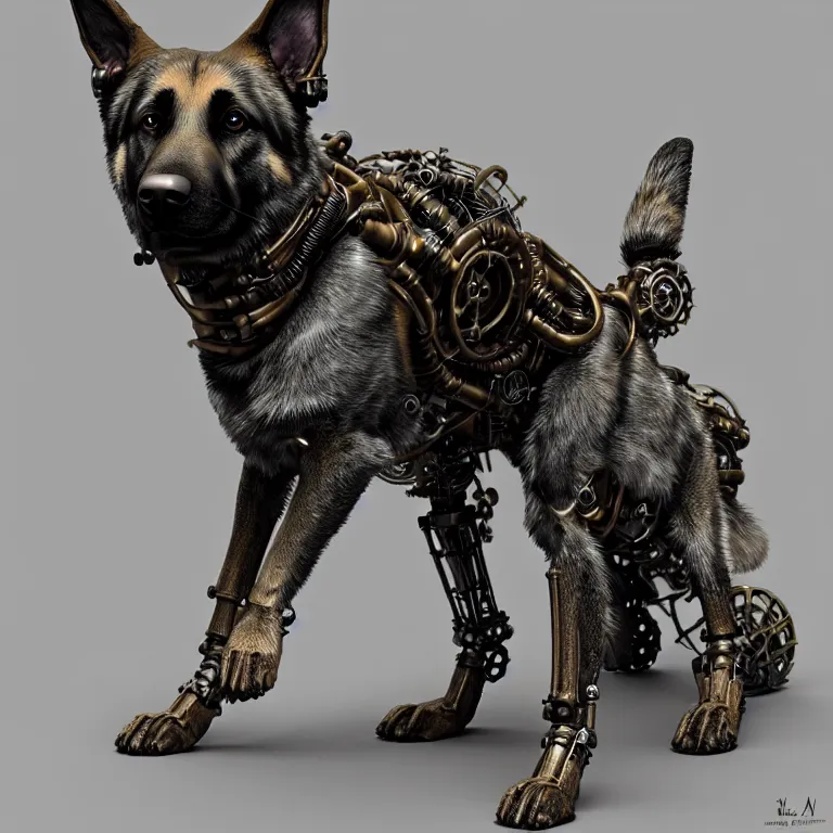 Prompt: steampunk cybernetic biomechanical german shepard dog, 3 d model, very coherent symmetrical artwork, unreal engine realistic render, 8 k, micro detail, intricate, elegant, highly detailed, centered, digital painting, artstation, smooth, sharp focus, illustration, artgerm, tomasz alen kopera, wlop