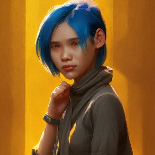 Prompt: filipino girl with blue - yellow hair and a nose band aid, metal bandaid in the nose, highly detailed, digital painting, artstation, concept art, smooth, sharp focus, illustration, art by artgerm and greg rutkowski and alphonse mucha