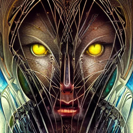 Image similar to beautiful closeup portrait of an art deco witch, glowing eyes. reflective detailed textures, moth wings, highly detailed dark fantasy science fiction painting by michael whelan and diego rivera and annie swynnerton and jean delville, elaborate geometric ornament, ancient runes, silver and cool colors. artstation