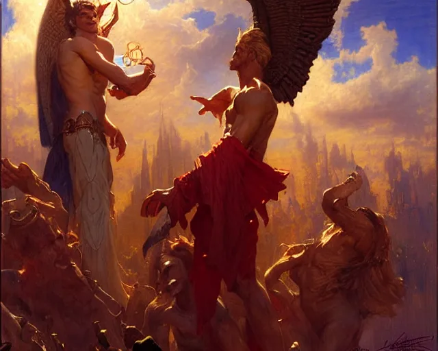 Image similar to attractive male deity, casting demonic magic, summoning handsome lucifer morning star. highly detailed painting by gaston bussiere, craig mullins, j. c. leyendecker 8 k