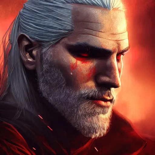 Prompt: geralt of rivia with long beard and intense eyes, scarred, close up, rim lighting, fire particles in background, portrait, sinister atmospheric lighting. highly detailed painting by greg rutkowski, anime style