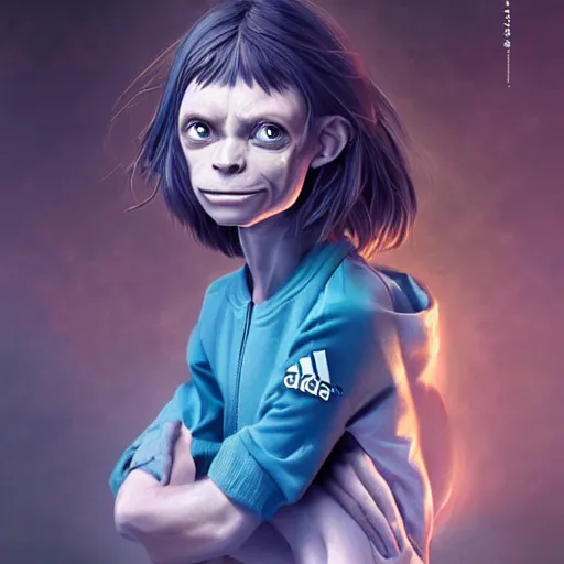 Image similar to beautiful portrait of an insanely gorgeous Gollum with blue eyes, brown hair and a perfect body, adidas tracksuit, character design by charlie bowater, ross tran, artgerm, and makoto shinkai, detailed, soft lighting, rendered in octane