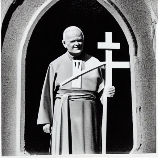 Image similar to photograph of john paul ii standing outside a small burning church with a glowing holy cross on its roof, night, black