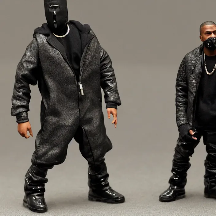 Image similar to kanye west using a face covering black mask with small little holes, a black shirt, a yeezy gap blue round jacket and big black rubber boots, a hot toys figure of kanye west using a black mask with small little holes, a black shirt, a yeezy gap blue round jacket and big black rubber boots and big black rubber boots, figurine, detailed product photo