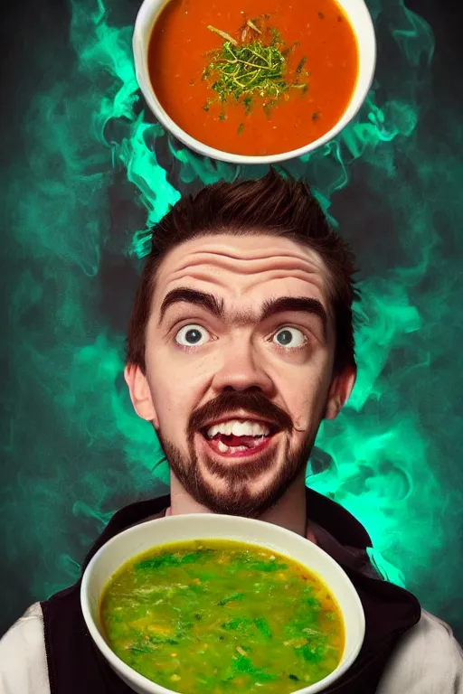 Image similar to 📷 jacksepticeye is soup, made of food, head portrait, dynamic lighting, 4 k