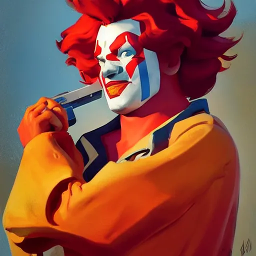 Image similar to greg manchess portrait painting of ronald mcdonald as overwatch character, medium shot, asymmetrical, profile picture, organic painting, sunny day, matte painting, bold shapes, hard edges, street art, trending on artstation, by huang guangjian and gil elvgren and sachin teng