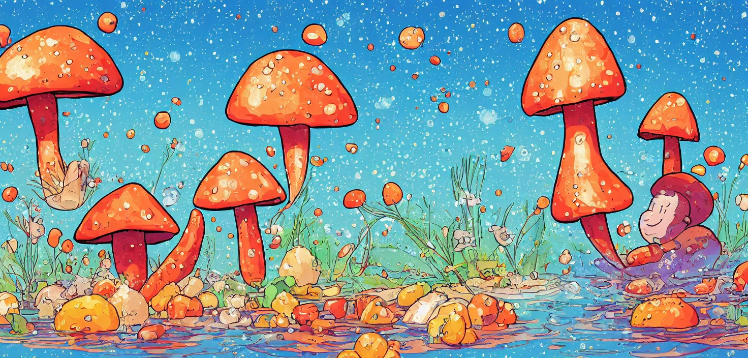 Image similar to a giant mushroom and a giant carrot aking a warm bubble bath, digital art in the style of Ralph goings