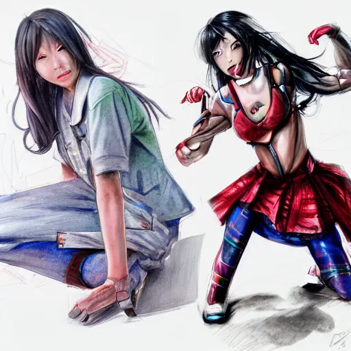 Image similar to a perfect, realistic professional digital sketch of a videogame, two Japanese schoolgirls posing, in style of Marvel, full length, by pen and watercolor, by a professional American senior artist on ArtStation, a high-quality hollywood-style sketch, on high-quality paper