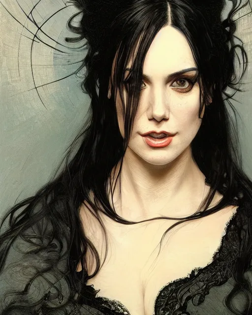 Prompt: portrait of a tall 4 0 - year - old woman with thin lips, long, lush black hair, and thick eyebrows, wearing in black clothes, hyper realistic face, beautiful eyes, close up, fantasy art, in the style of greg rutkowski, intricate, alphonse mucha, hyper detailed, smooth