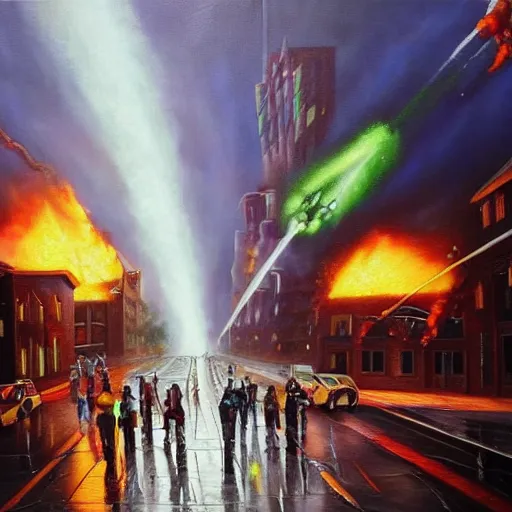 Prompt: hyperrealistic oil painting of the aliens invading earth at the rainy day all the people are running the street are ruined the buildings are on fire and the aliens are shooting laser guns 3 d