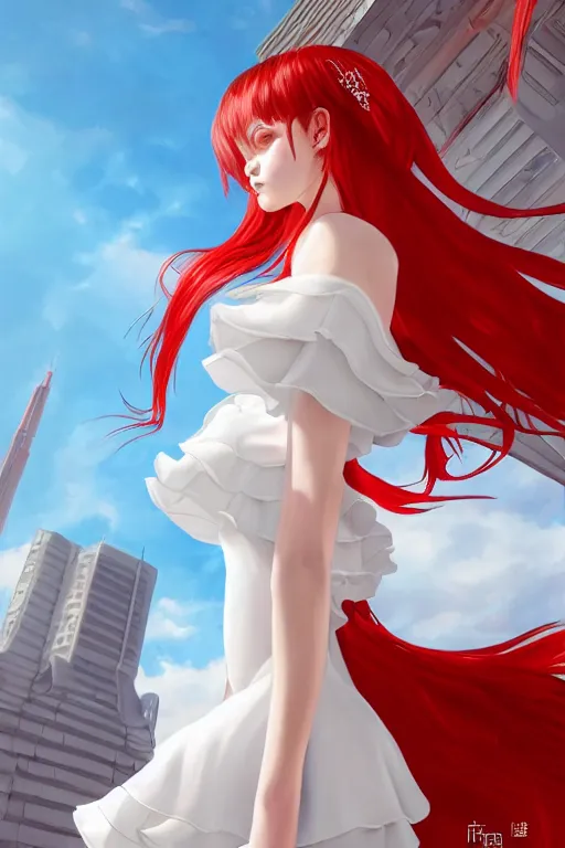 Image similar to the beautiful white frilled red dress girl standing in the hyper big and tall tower, looking at the, low angle, highly detailed, digital painting, artstation, concept art, smooth, sharp focus, illustration, Unreal Engine 5, 8K, art by Hiroaki Samura and Jiro Matsumoto