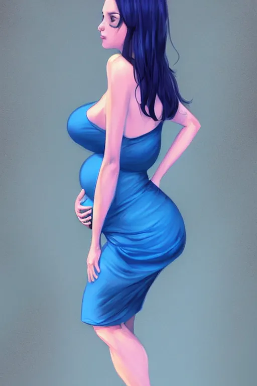 Prompt: pregnant woman in a short blue dress in night under street light, highly detailed, sharp focused, ultra realistic digital concept art by artgerm and gre