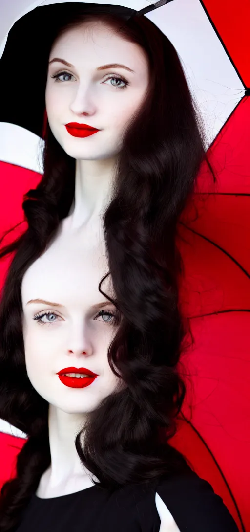 Image similar to a beautiful white pale skin girl, greg background, black dress, vibrent red lipstick, a black hat, black umbrella