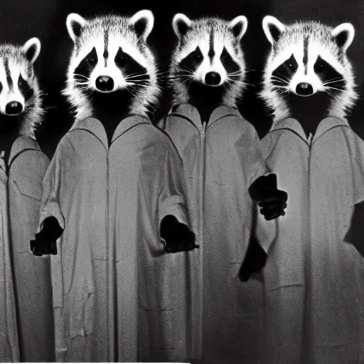 Prompt: 1 9 7 0's award winning sci - fi movie, a group of raccoons wearing dark cult robes look towards the camera in surprise and anger as they perform a dark occult evil ceremony inside the secret lair of an underground mystery cult, dramatic candlelight, pentagrams, ultra - detailed, photorealistic, 4 k